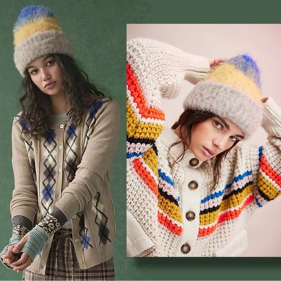 Free People Accessories - Free People Icing Beanie in Blue Gold NWT Stripes Wool Fall Winter Bohemian